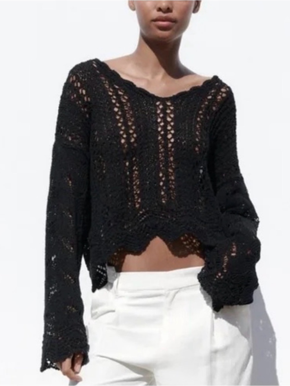 Zara Black Crochet Open Knit V Neck Sweater Scallop Hem Relaxed Boho L